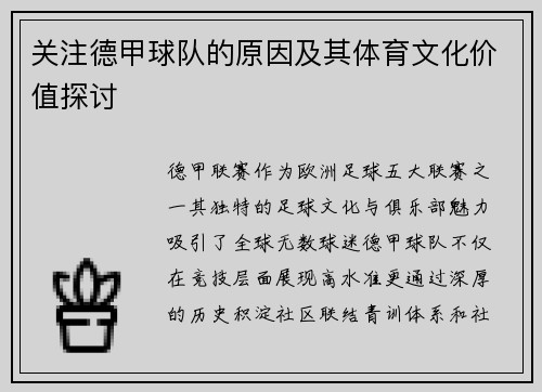 关注德甲球队的原因及其体育文化价值探讨