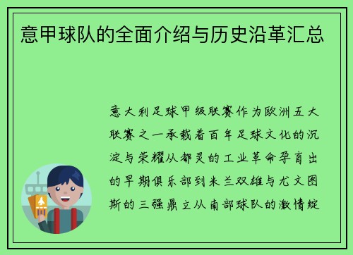 意甲球队的全面介绍与历史沿革汇总