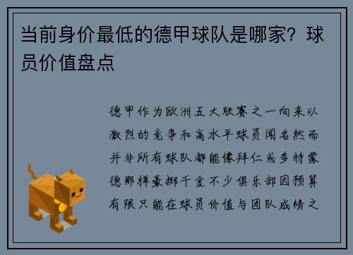 当前身价最低的德甲球队是哪家？球员价值盘点